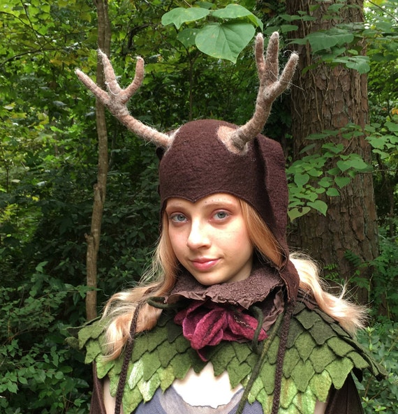 Deer Cap Aviator Hat with Antlers Hand Felted Merino Wool