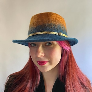 Dark Teal and Gold Two-tone Ombre Fedora Pork Pie Hat - Hand Felted Wool