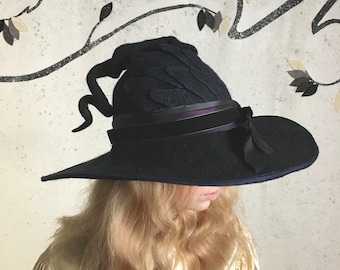 Raven Wing Witch Hat - Black with Curly Point - Hand Felted Wool