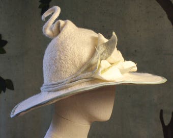 White Witch Hat with Calla Lilies and a Curly Point with Sparkes and Ice Blue Trim - Hand Felted Merino Wool