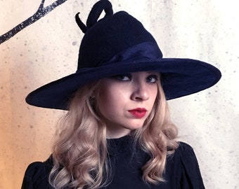 Witch Hat in Midnight Blue and Black with Curly Point - Hand Felted Merino Wool