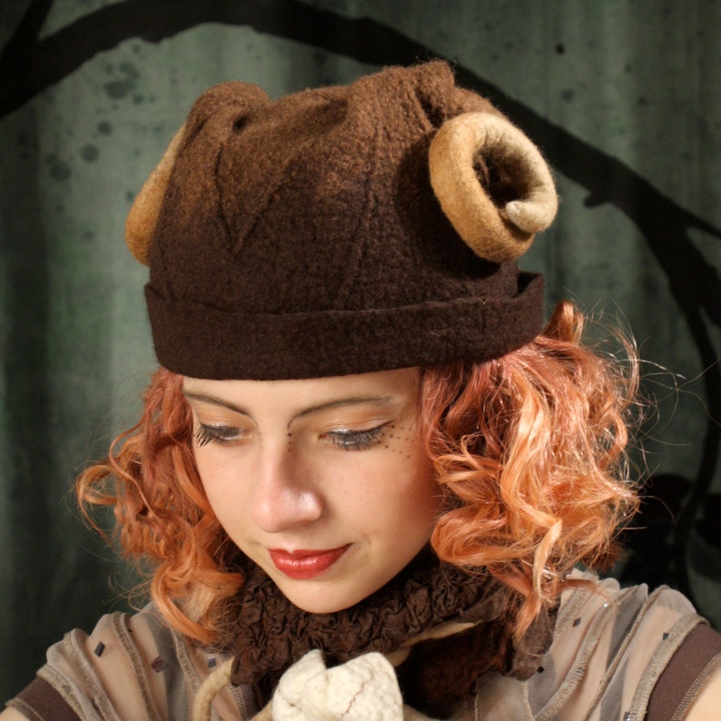 Brown Rams Horn Cap Hand Felted Merino Wool Hat Etsy