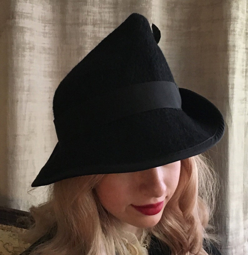 Vintage Style Witch Hat with Folded Point and Feather Hand Felted Wool image 2