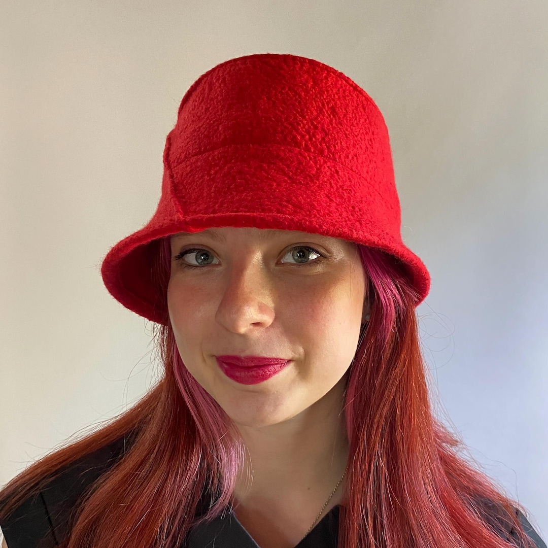 Red Bucket Hat W/pintuck Detail Hand Felted Merino Wool
