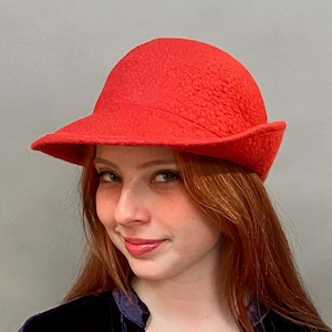 Red Buttoned Brimmed Bonnet Style Cloche Hat - Hand Felted Merino Wool