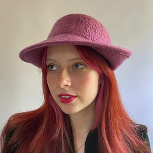 Pink Buttoned Brimmed Bonnet Style Cloche Hat - Hand Felted Merino Wool