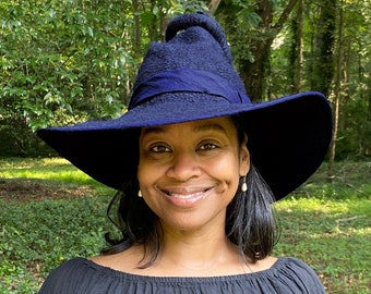 Witch Hat in Midnight Blue with Curly Point - Hand Felted Merino Wool