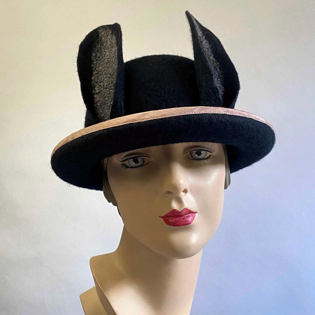 Bowler or Derby Hat in Black With Bunny Ears - Hand Felted Merino Wool ...