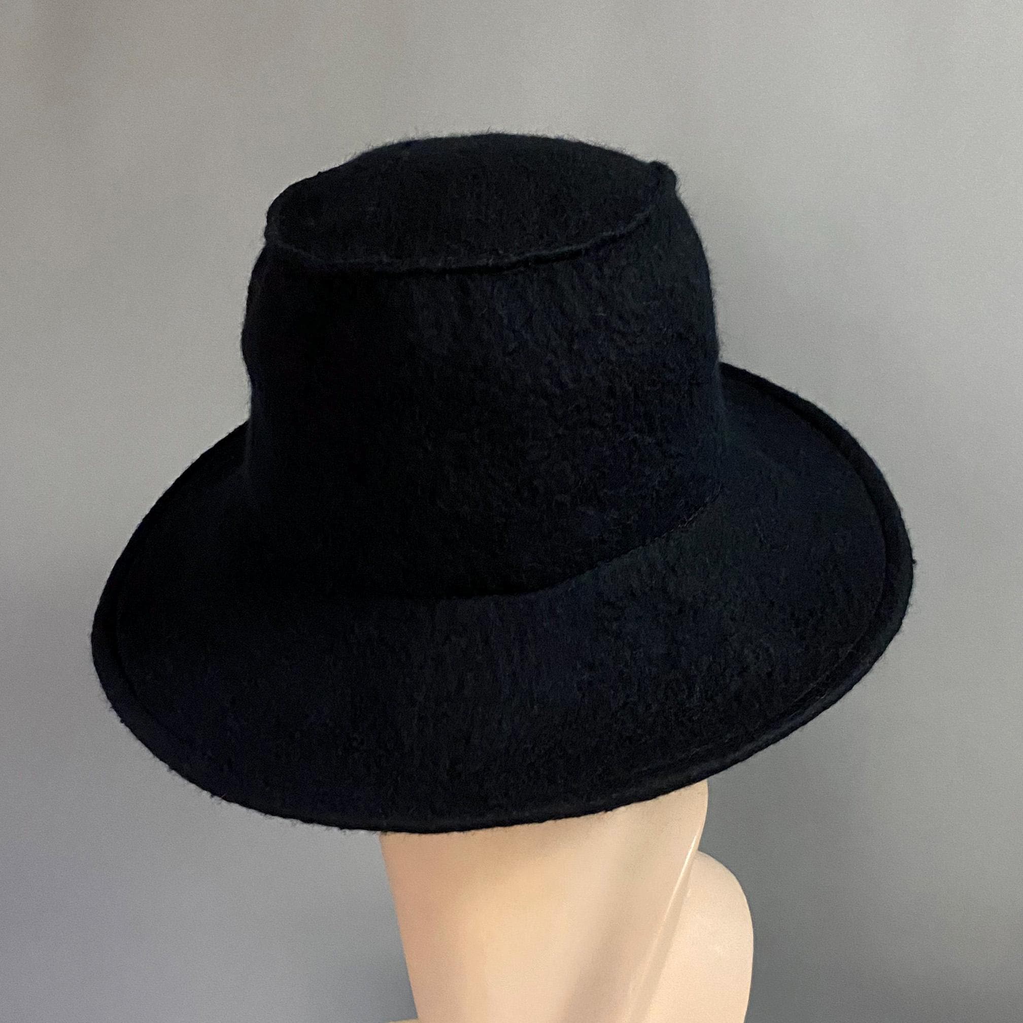 Black Wide Brimmed Bucket Hat W/pintuck Detail - Hand Felted 