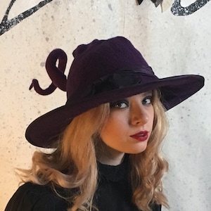 Dark Purple Witch or Wizard Hat with Curly Point - Hand Felted Merino Wool