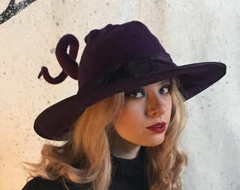 Dark Purple Witch or Wizard Hat with Curly Point - Hand Felted Merino Wool