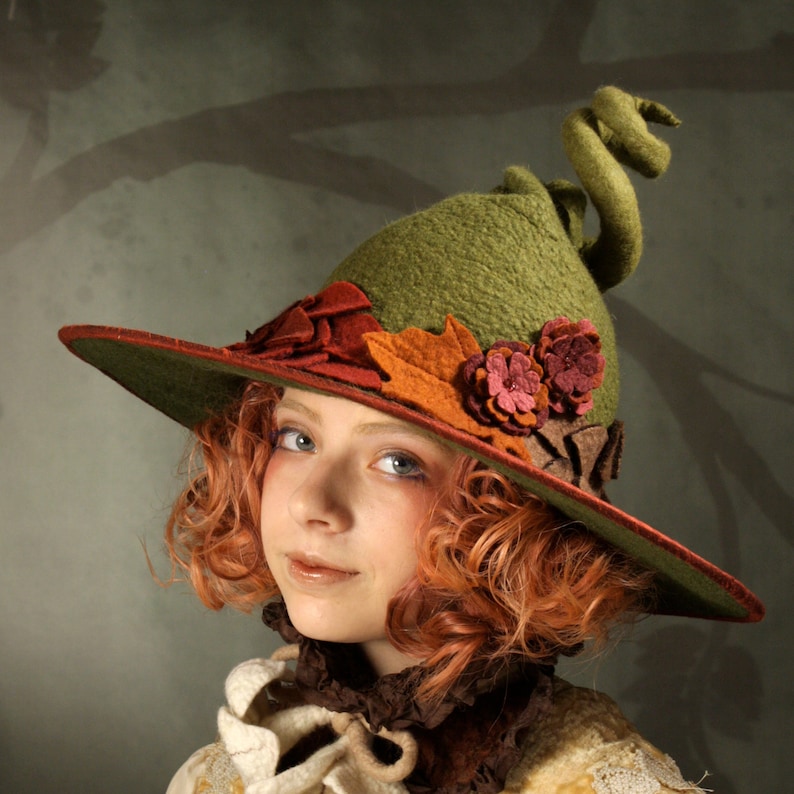 Fancy Green Witch Hat with Leaves and Curly Point Hand Felted Merino Wool image 1
