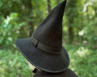 One of a Kind Wool Witch Hat One Size Black Felted Wool Pointed Whimsigoth Soft Pointy Black Wizard or Witch Hat- Hand Felted Merino  main image 4