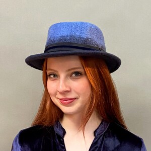 Blue Two-tone Ombre Fedora Pork Pie Hat - Hand Felted Wool