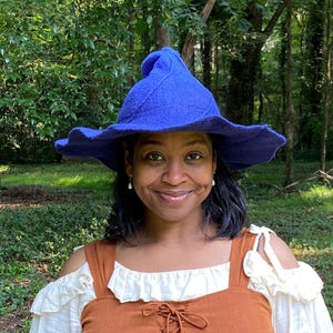 Tanzanite and Periwinkle Morning Glory Witch Hat with Pintucks and Curly Point - Hand Felted Merino Wool