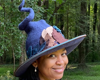 Witch Hat in Navy blue with Leaves and Curly Point- Hand Felted Merino Wool