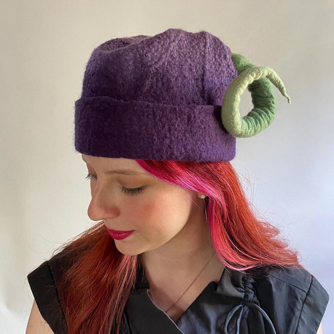 Dark Purple and Green Ram Horns Cap - Hand Felted Hat - Etsy