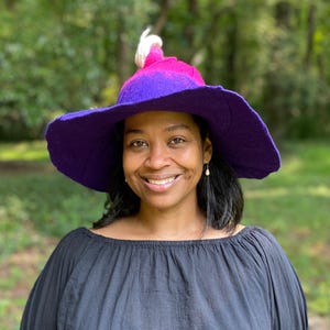 Morning Glory Witch Hat with Pintucks and Curly Point - Purple, Pink and White - Hand Felted Merino Wool