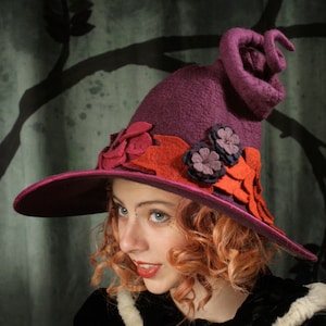 Fancy Purple Witch Hat with Leaves and Curly Point - Hand Felted Merino Wool