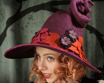 Fancy Purple Witch Hat with Leaves and Curly Point - Hand Felted Merino Wool