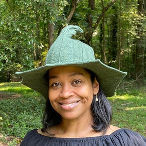 Green Witch Hat with Pintucks and Twisted Point - Hand Felted Merino Wool