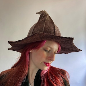 Brown Ombre Witch Hat with Pintucks and Twisted Point - Hand Felted Merino Wool