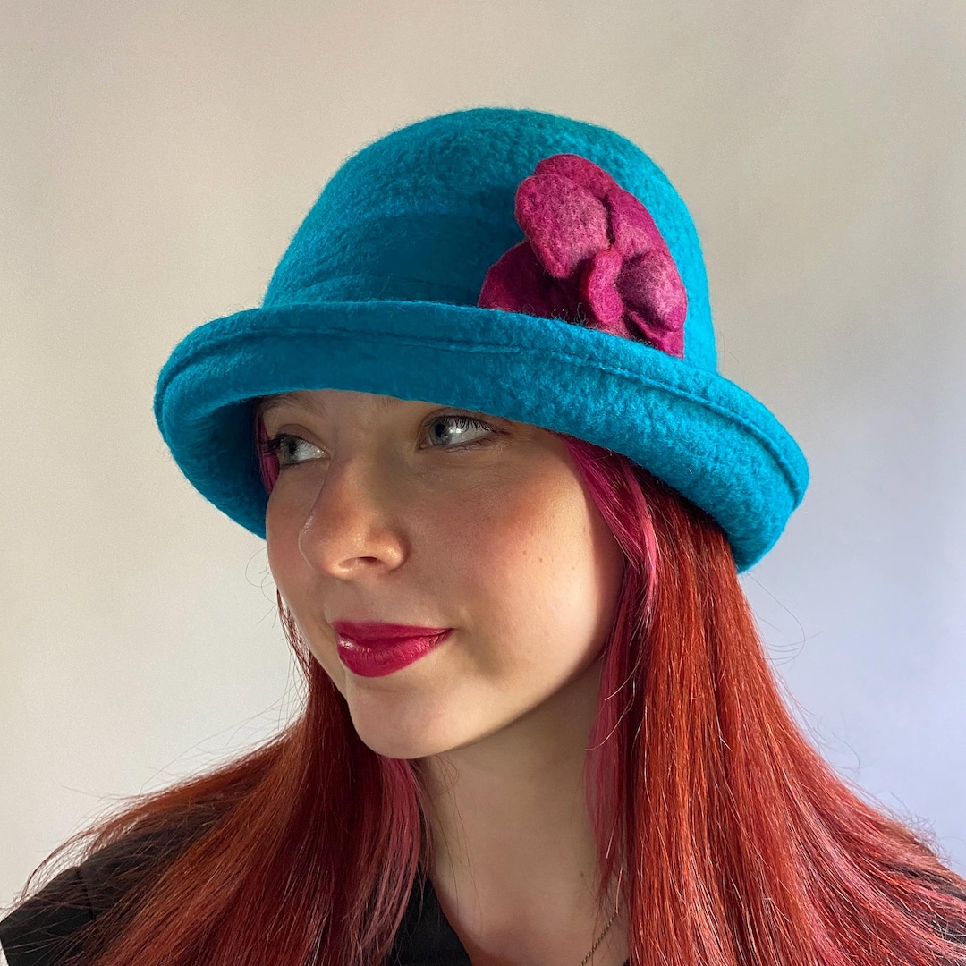 Blue Cloche W/removable Flower Pin - Hand Felted Merino Wool 