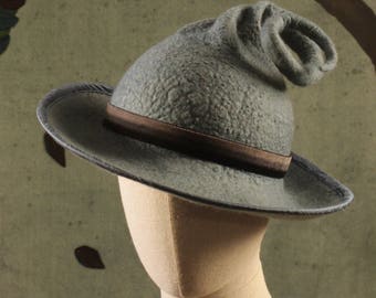 Blue Gray 1940's Style Witch Hat with Curly Point- Hand Felted Merino Wool