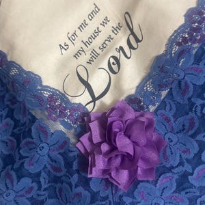 Faith Bible Scriptures Religious cotton print fabric with blue lace trim - 25" Handkerchief/scarf
