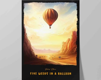 Five Weeks in a Balloon Book Cover Poster | Contemporary Design of Jules Verne  Novel | Literature Wall Art Print | Literary Poster