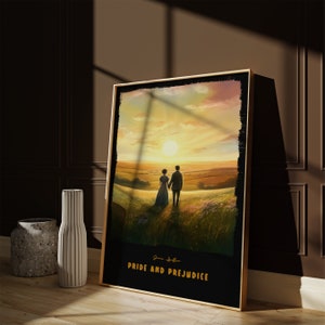 May include: A framed print of a painting depicting a couple walking hand-in-hand through a field towards a sunset. The text "Pride and Prejudice" is printed below the image.
