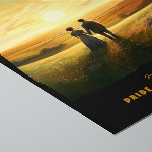 May include: A vintage-style illustration of a couple walking hand-in-hand through a field at sunset. The text "Jane Austen" and "Pride and Prejudice" is visible in the lower right corner.