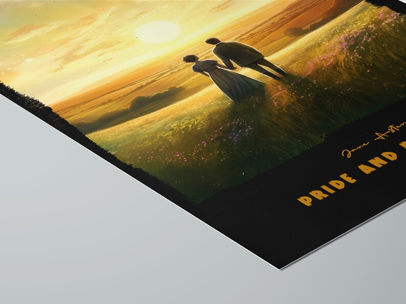 May include: A vintage-style illustration of a couple walking hand-in-hand through a field at sunset. The text "Jane Austen" and "Pride and Prejudice" is visible in the lower right corner.
