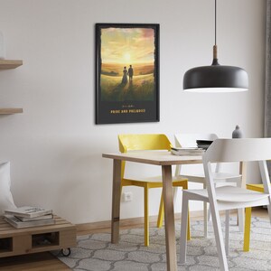 May include: A framed poster with a vintage-style illustration of a couple walking in a field at sunset. The poster has the text "Pride and Prejudice" at the bottom.