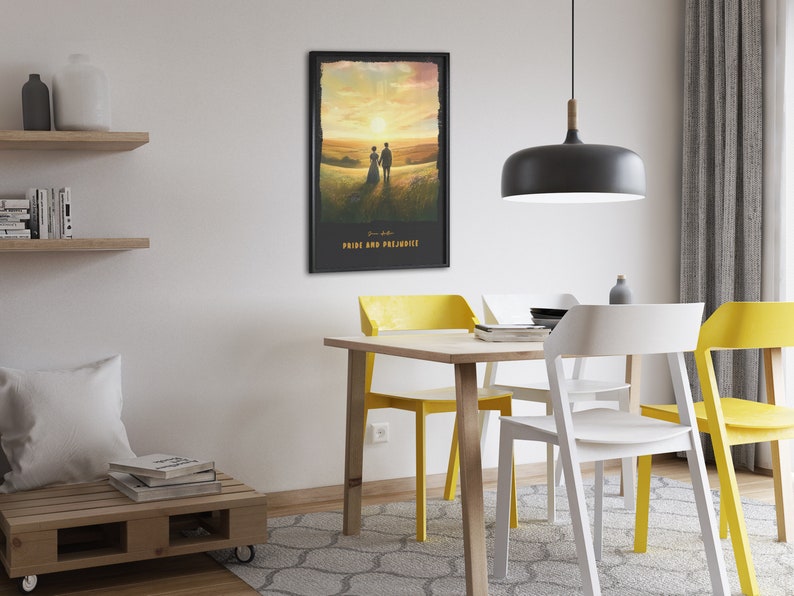 May include: A framed poster with a vintage-style illustration of a couple walking in a field at sunset. The poster has the text "Pride and Prejudice" at the bottom.