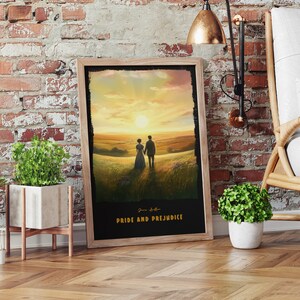 May include: A framed print of a sunset scene with two figures walking in a field. The print has the text "Jane Austen Pride and Prejudice" at the bottom.