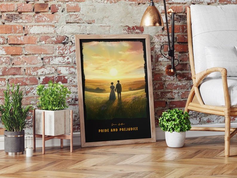 May include: A framed print of a sunset scene with two figures walking in a field. The print has the text "Jane Austen Pride and Prejudice" at the bottom.