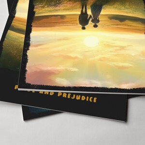 May include: A black and white book cover with a sunset scene and two figures walking towards a bright sun. The text "Pride and Prejudice" is printed on the bottom of the cover.