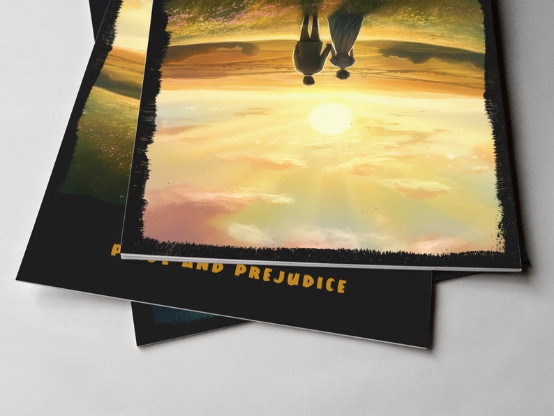 May include: A black and white book cover with a sunset scene and two figures walking towards a bright sun. The text "Pride and Prejudice" is printed on the bottom of the cover.
