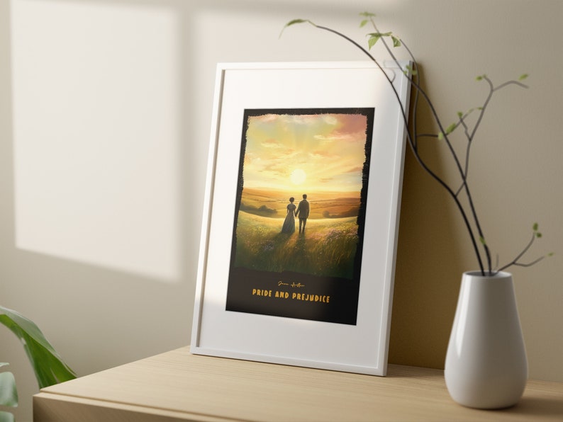 May include: A white framed print of a painting depicting a couple walking in a field at sunset. The painting is titled "Pride and Prejudice".