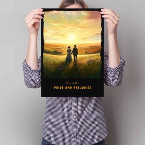 May include: A black and white poster with a sunset scene of a couple walking hand-in-hand in a field. The text "Pride and Prejudice" is printed in yellow at the bottom of the poster.