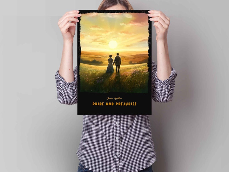 May include: A black and white poster with a sunset scene of a couple walking hand-in-hand in a field. The text "Pride and Prejudice" is printed in yellow at the bottom of the poster.
