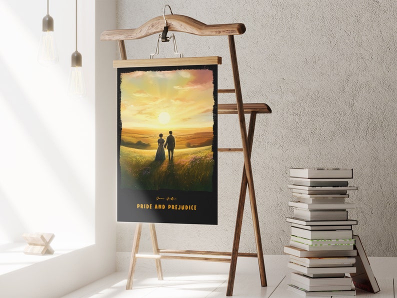 May include: A black and gold poster with a sunset scene and two figures walking away from the viewer. The poster has the text "Pride and Prejudice" at the bottom.