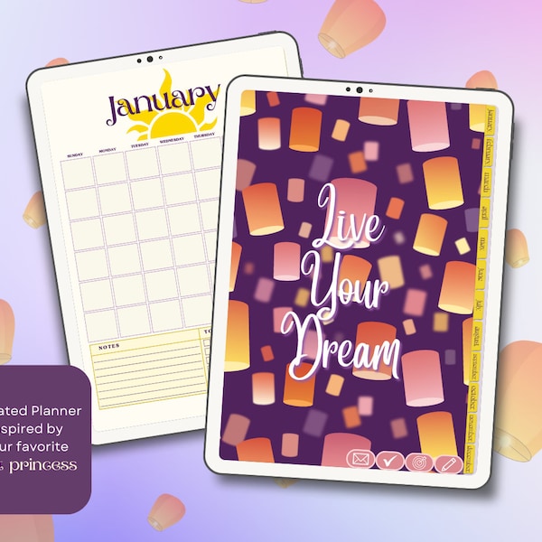 Undated Tangled Inspired Digital Planner | monthly and weekly calendar with contact, to-do, goals, and notes tabs