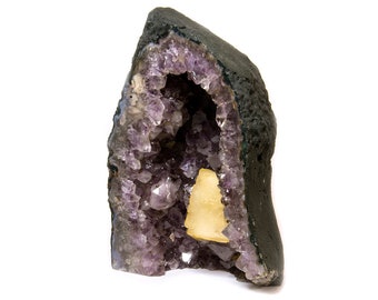 Amethyst geode basecut, extra quality with orange calcite crystal