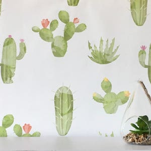 Removable Wallpaper, peel and stick, watercolour wallpaper, green cactus wallpaper, nursery wallpaper, nursery decor, Self adhesive