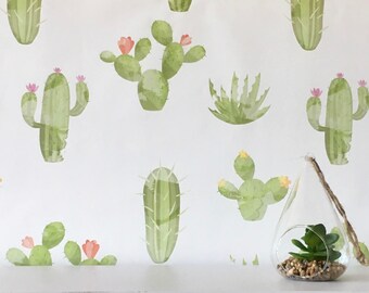 Removable Wallpaper, peel and stick, watercolour wallpaper, green cactus wallpaper, nursery wallpaper, nursery decor, Self adhesive