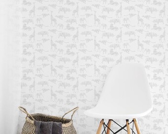 Removable Wallpaper, Peel and stick wallpaper, Animal wallpaper, grey wallpaper, nursery wallpaper, nursery decor, Self adhesive