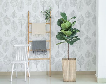 Removable Wallpaper, Peel and stick wallpaper, leaves wallpaper, grey wallpaper, nursery wallpaper, nursery decor, Self adhesive