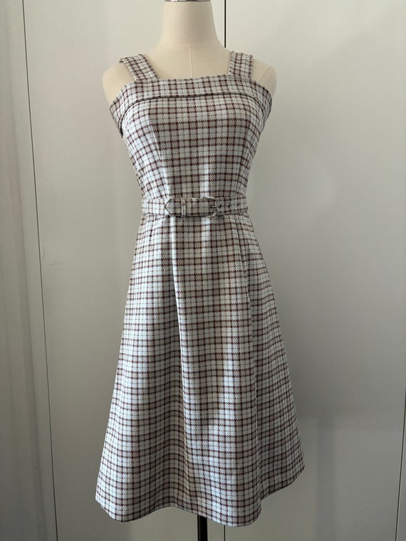 Vintage Plaid Print 60s 70s Mini Dress with Belt - image 1